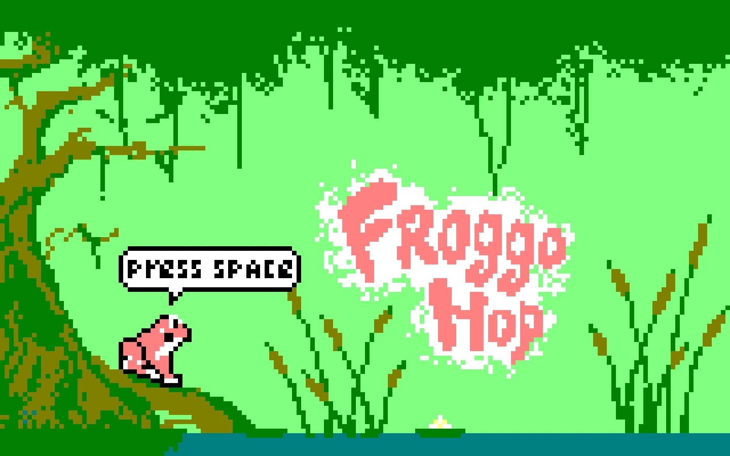 Pantalla de inicio de FroggoHop, un plataformas de píxeles verdes para Amstrad CPC