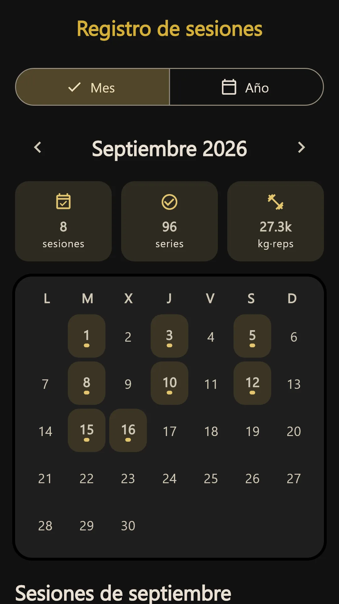 Calendario mensual de sesiones en GYMy