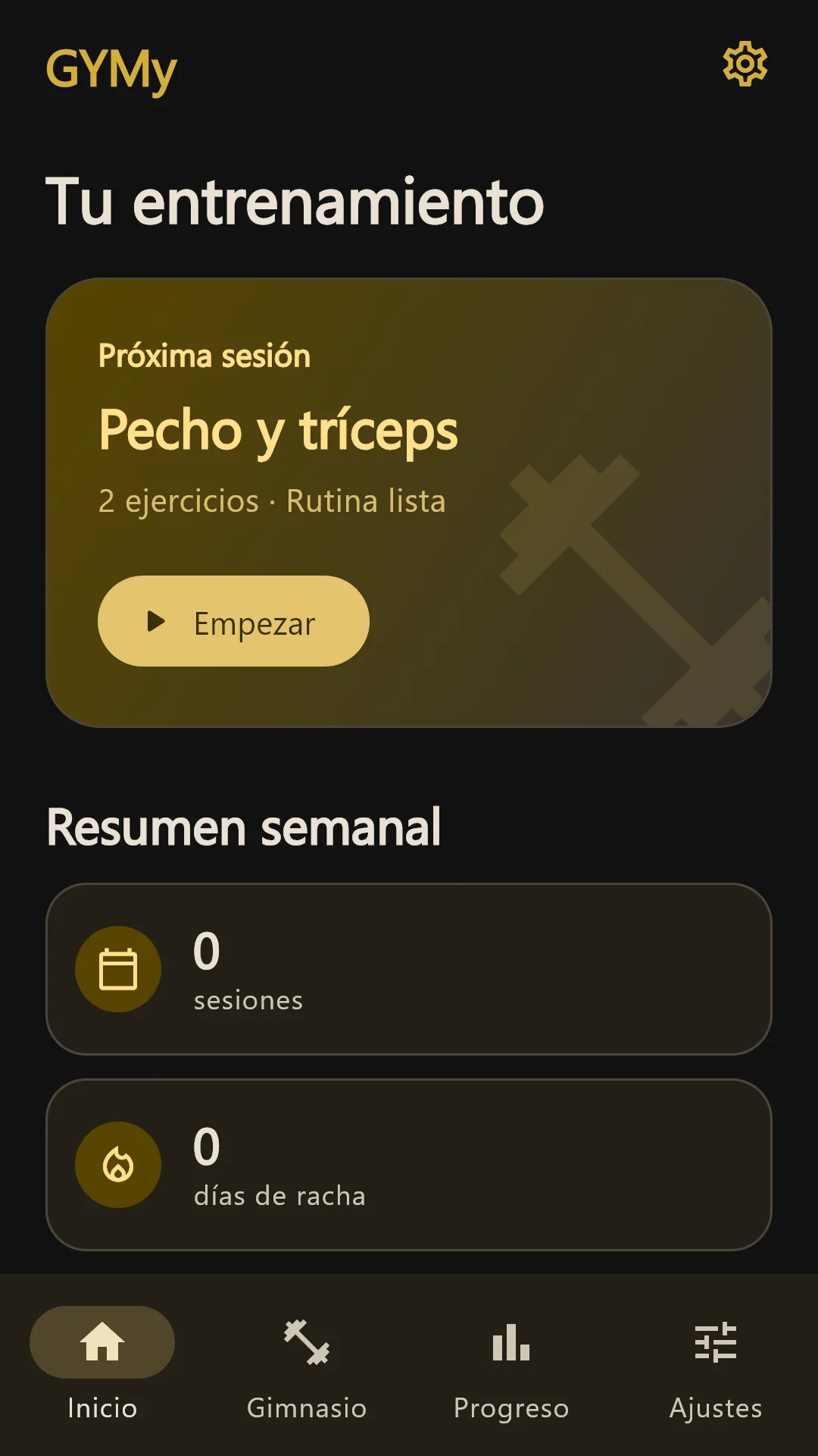 Inicio de GYMy con los accesos a rutinas y progreso