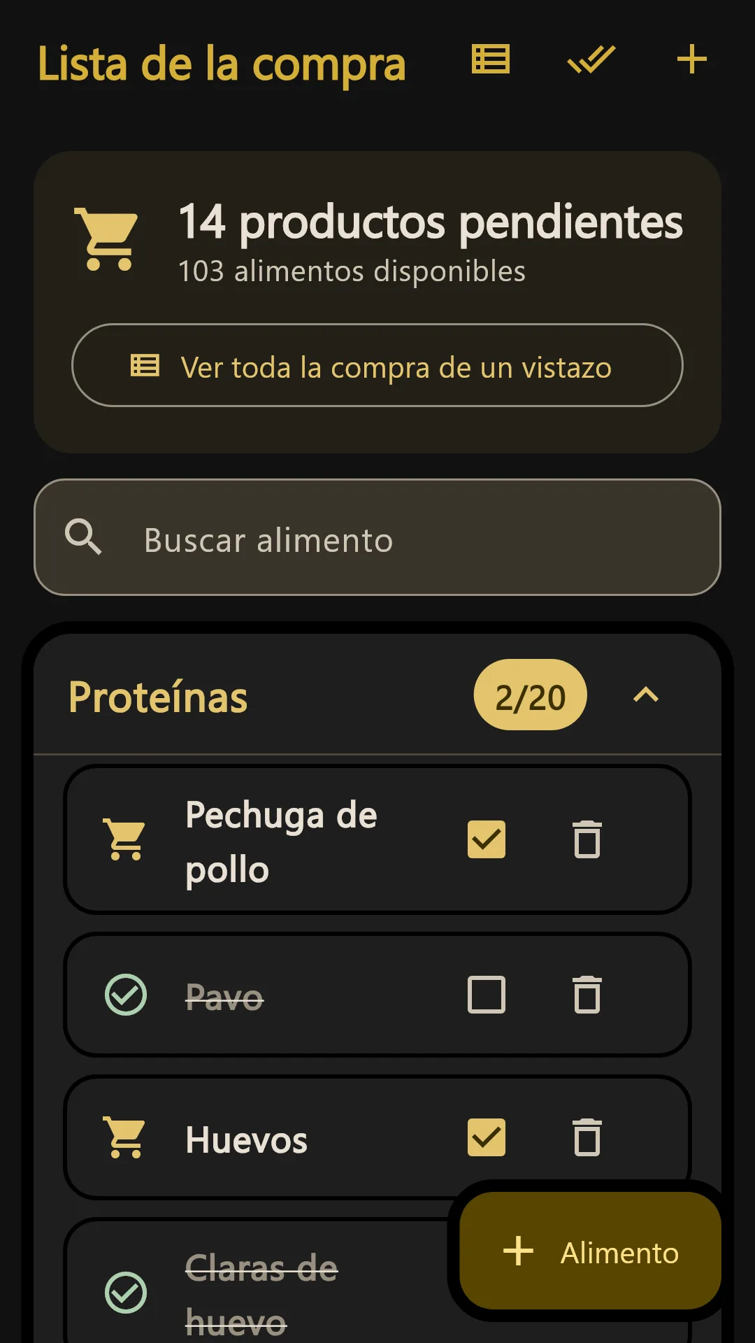 Lista de la compra por categorías en GYMy