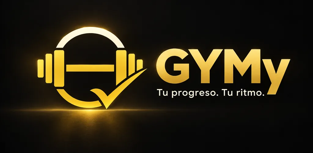 Identidad visual de GYMy con pesas doradas y el lema Tu progreso, Tu ritmo