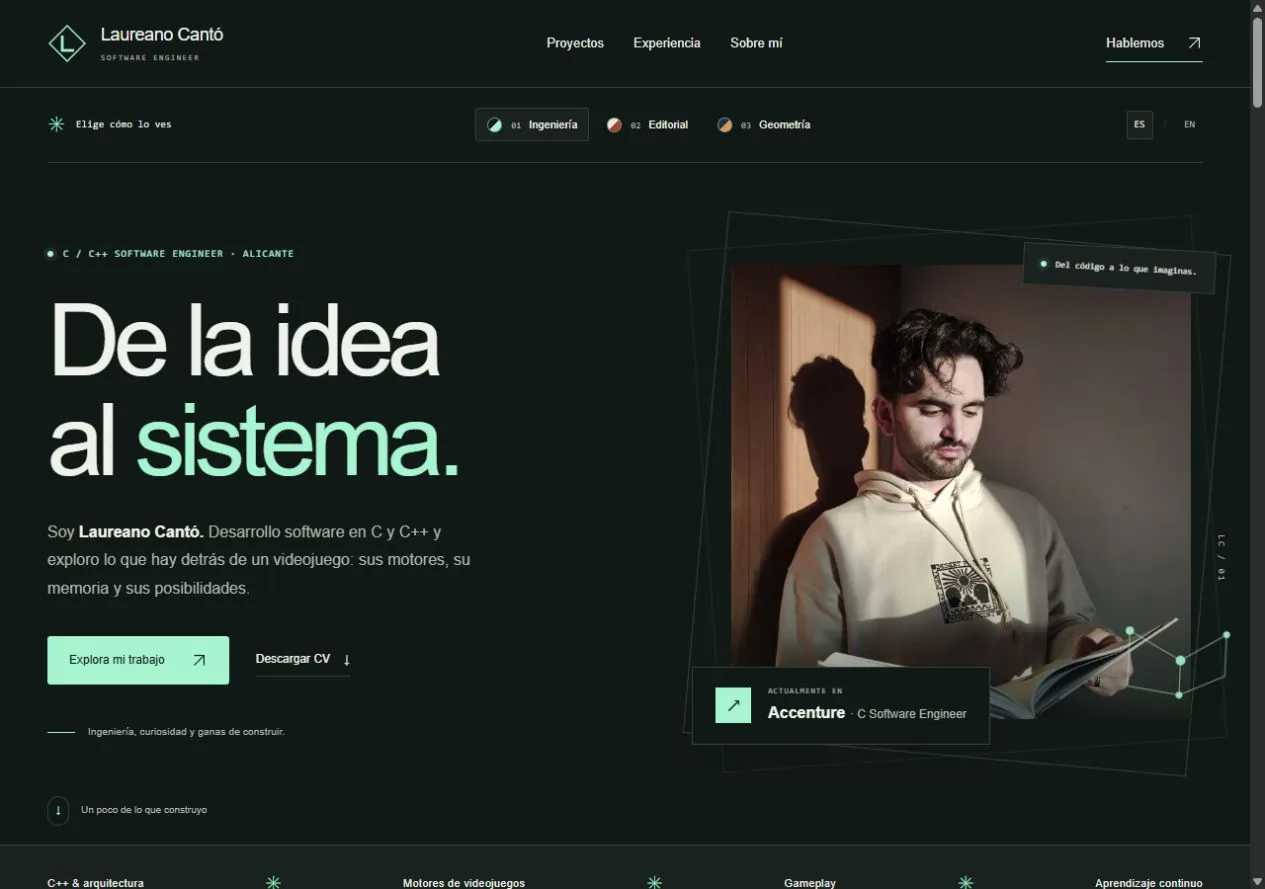 Portada del portfolio actual con estilo de ingeniería, selector visual y cambio de idioma