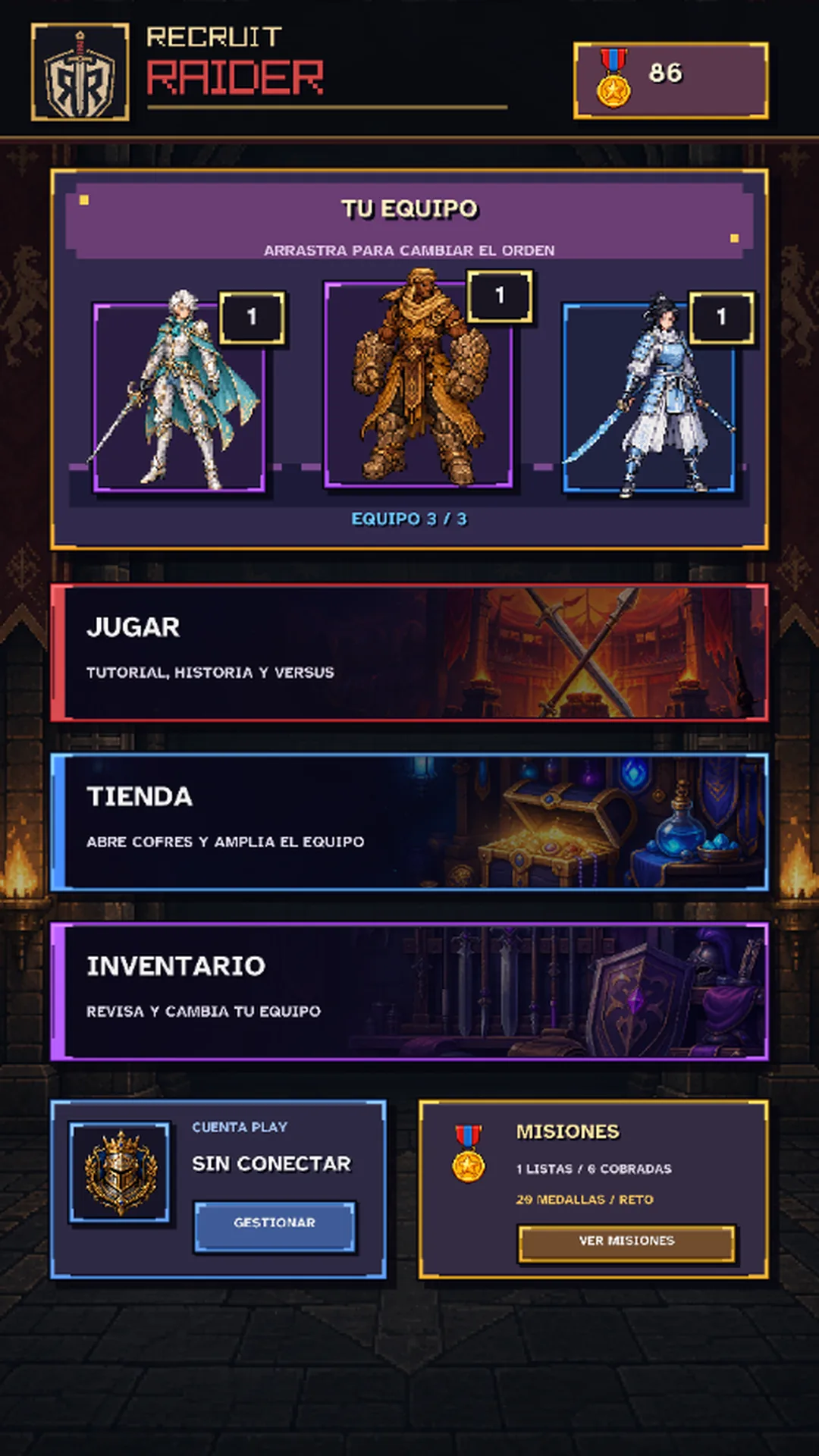 Recruit Raider home screen with the character team