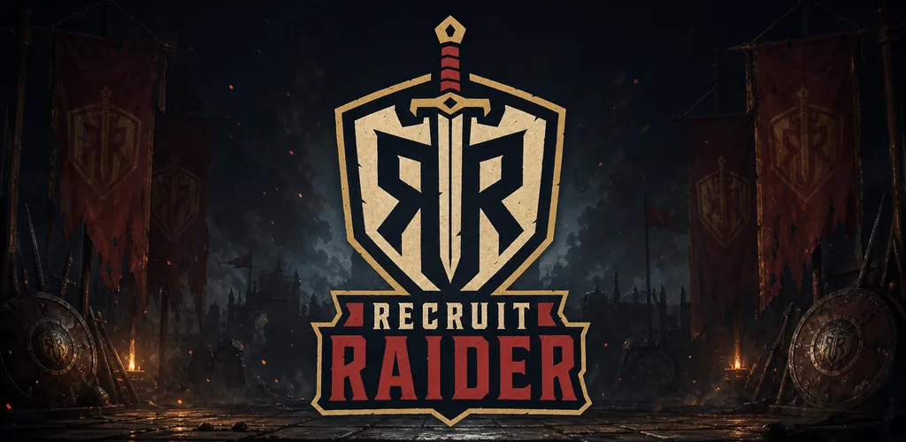 Identidad visual de Recruit Raider: escudo y espada sobre una fortaleza oscura