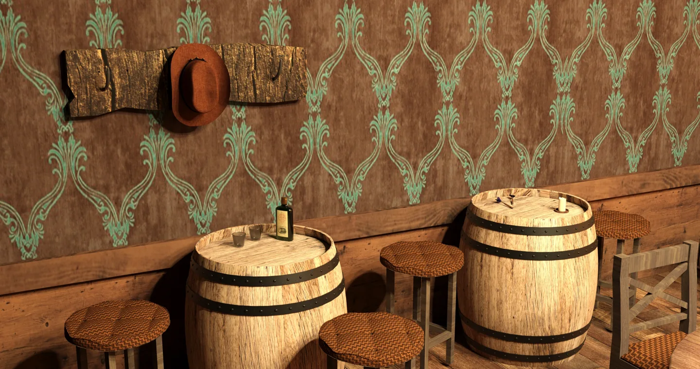 Render de Bullet Saloon: barriles