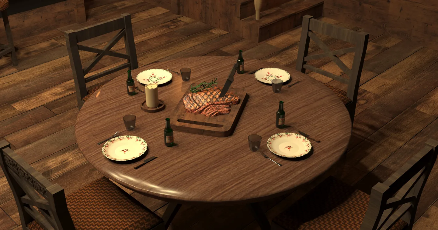 Render de Bullet Saloon: detalle de mesa